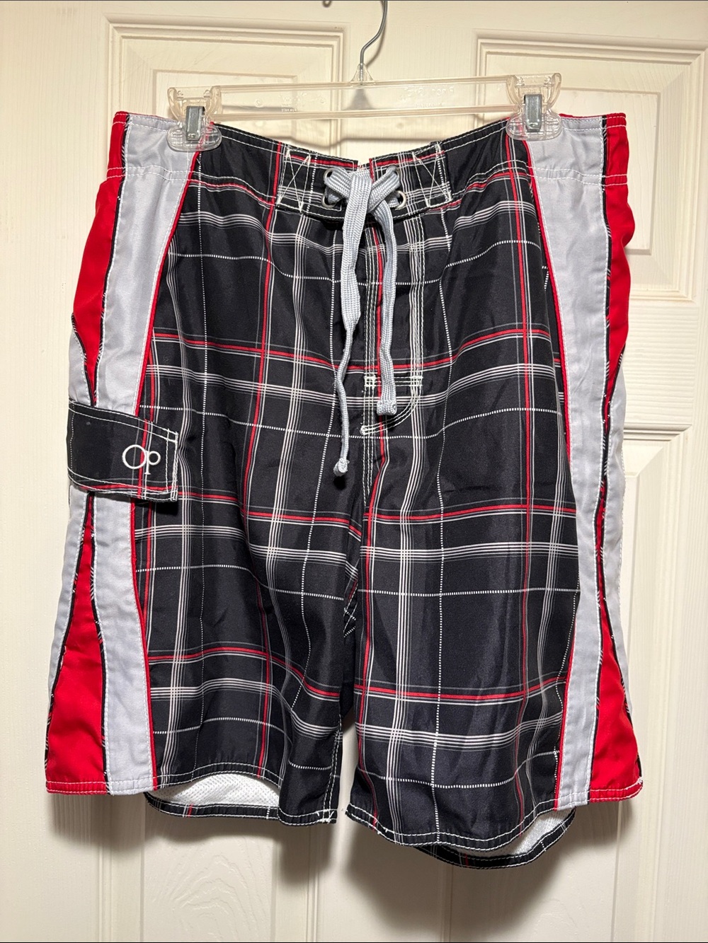 OP Men’s Black Plaid Swim Shorts with Red and Gray Panels